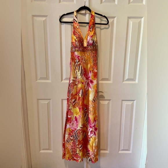 Tropical Print Floor Length Orange Yellow Pink Halter Prom Dress Gown - Picture 2 of 6